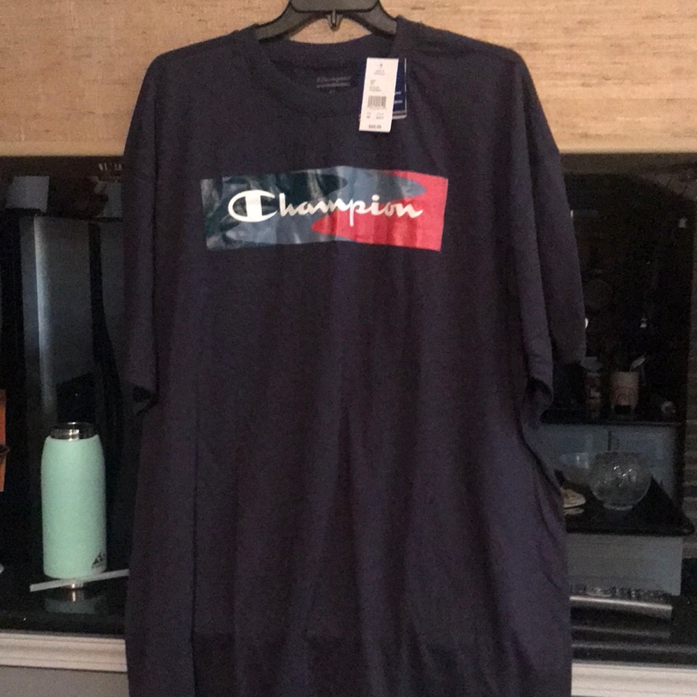 Champion Navy short sleeve Tee Shirt with multicolor logo NWT